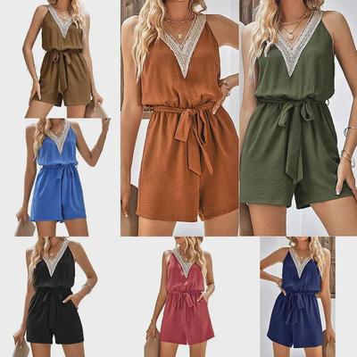 2023 Spring/Summer Women's Casual Lace V-Neck Sleeveless Solid Jumpsuit