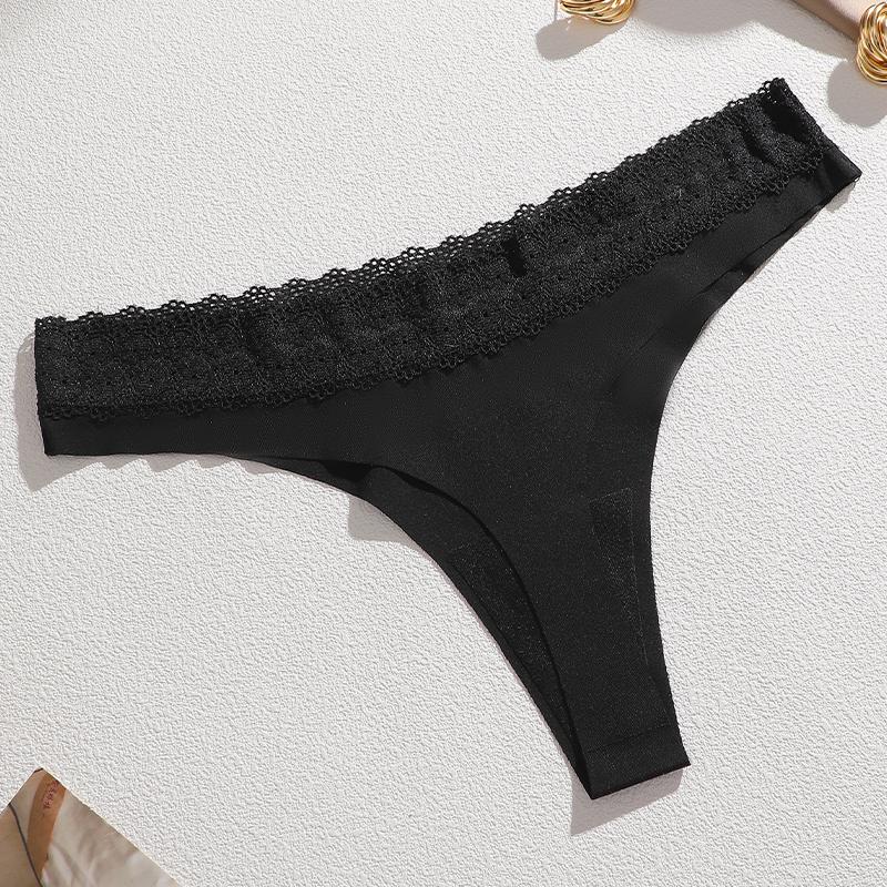 Women's Sexy Traceless T-Back Thongs Panties Seamless Solid Color Lace Trim Cozy Underwear Female Low Waist G-String Lingerie
