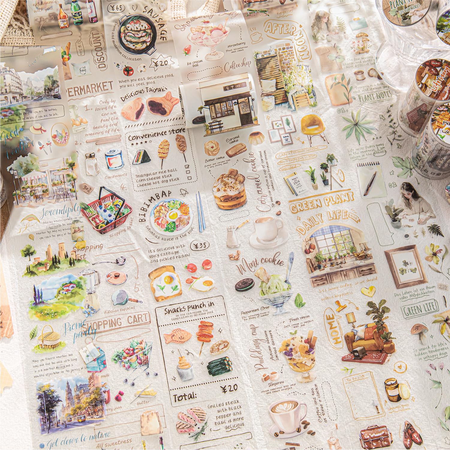 

Alideco Маскировочные Милые Ретро Акварельные Вещи для Жизни Прозрачные ПЭТ Клейкие Широкие Стильные Маскировочные Наклейки Набор из 6 штук Лента, Дизайн, Водостойкие Чернила, Лента,