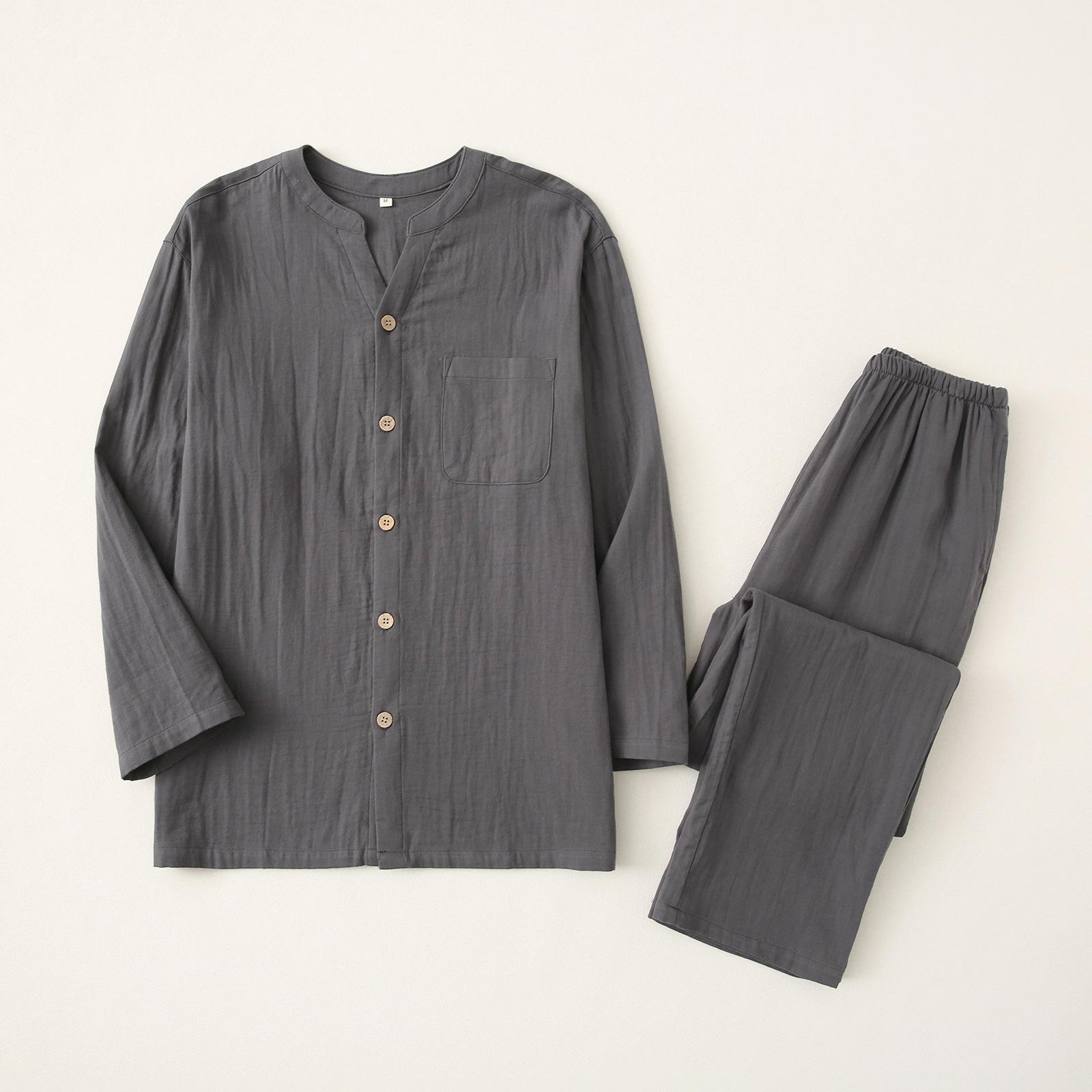 

Japanese Style 100% Cotton Gauze Pajamas: Couple s Long-Sleeve, Long-Pants Set for Spring/Summer Large