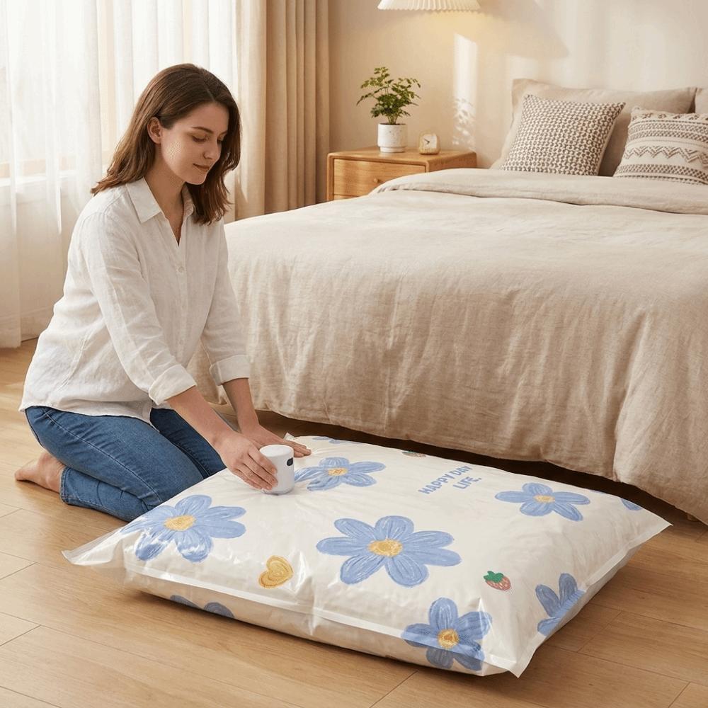 4PCS Blue Floral Pattern Vacuum Compression Bag Space Saving Quilt Organizer Vacuum Bags Clothes