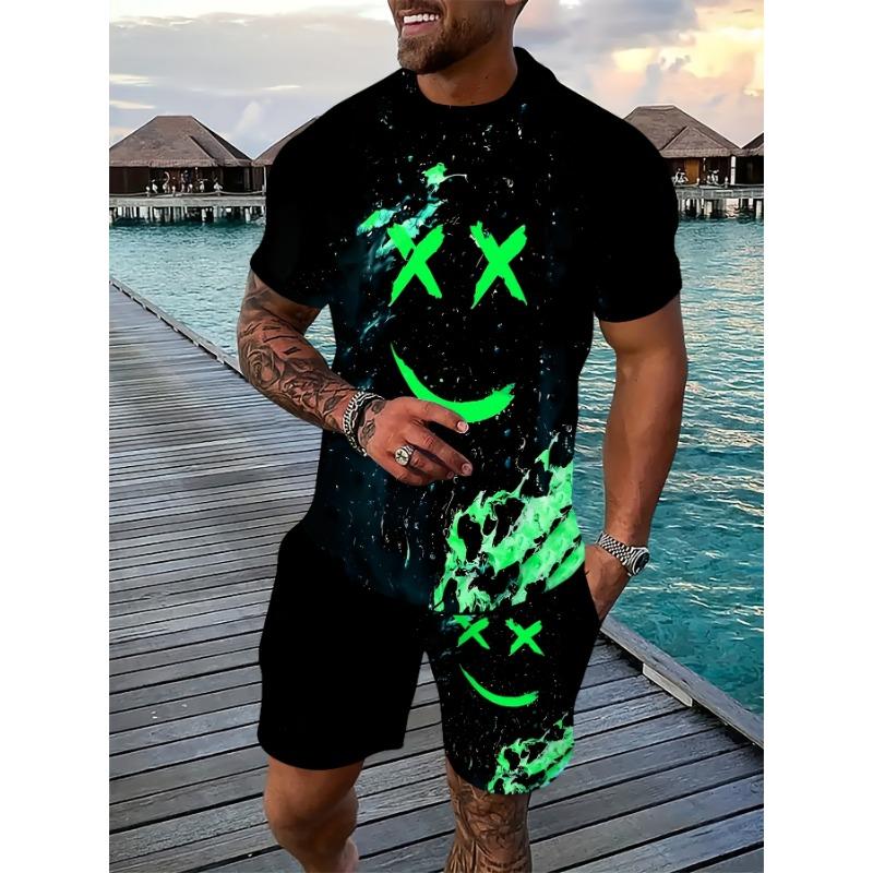 Summer Men's Colorful Happy Printed Fashion Sports Set - Comfortable T-shirt and Shorts