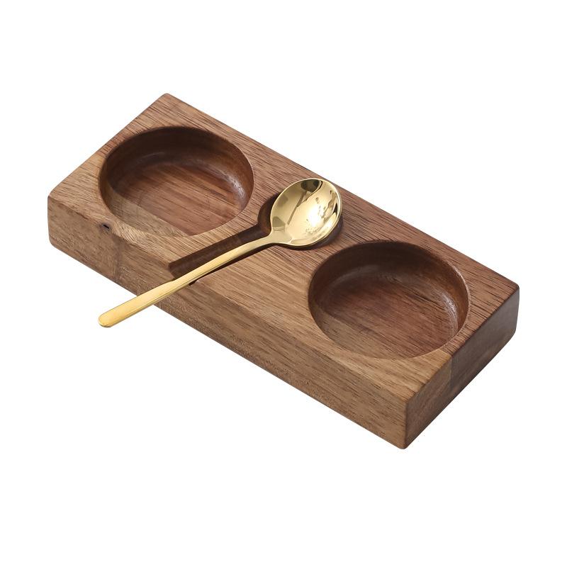 Natural Solid Wood Condiment Tray, Compartmented Serving Dish with Spoons for BBQ Dipping Sauces and Table Organization