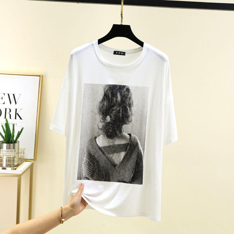 

Modal round Neck Print Loose Short Sleeve T-shirt Female Summer Casual Thin Tops Fashion Plus Size Casual Bottoming Shirt White Free size (recommendation 45.00 kg-80.00 kg