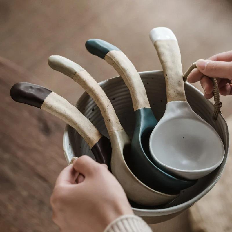 Japanese Creative Handmade Stoneware Large Soup Spoon Simple Household Tableware Ceramic Big Rice Spoons Home Kitchen Supplies