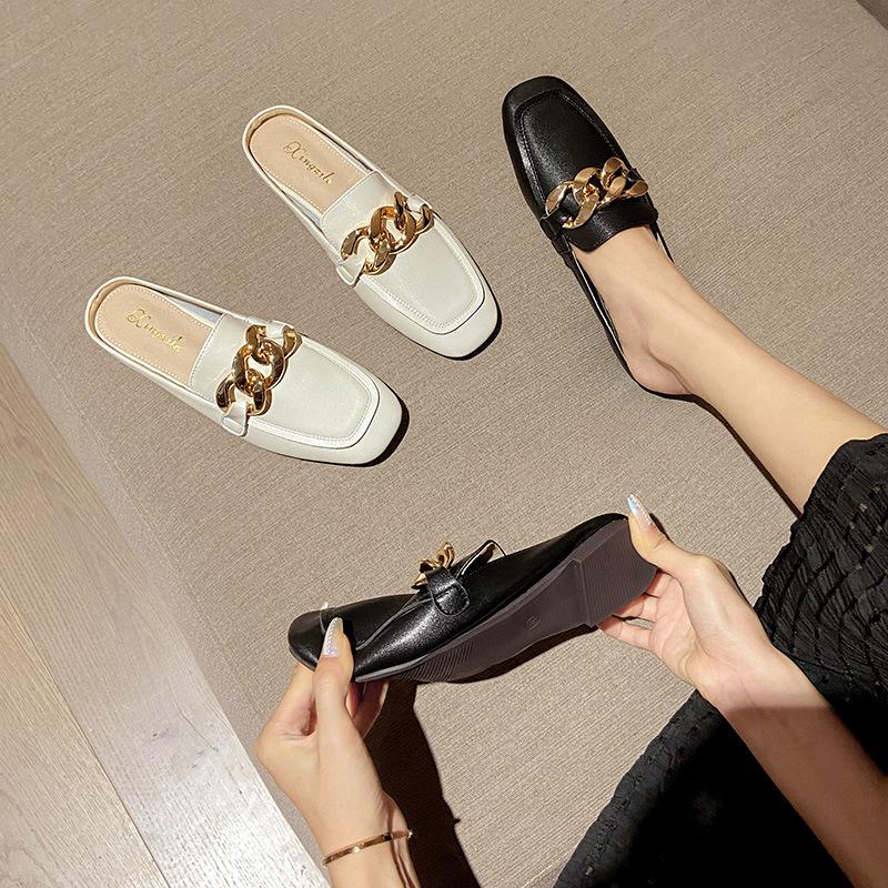 Leather Sandals Bag Head Half Slippers Women's Summer Wear Fashion 2025 New Sandals Flat Single Shoes Muller Shoes