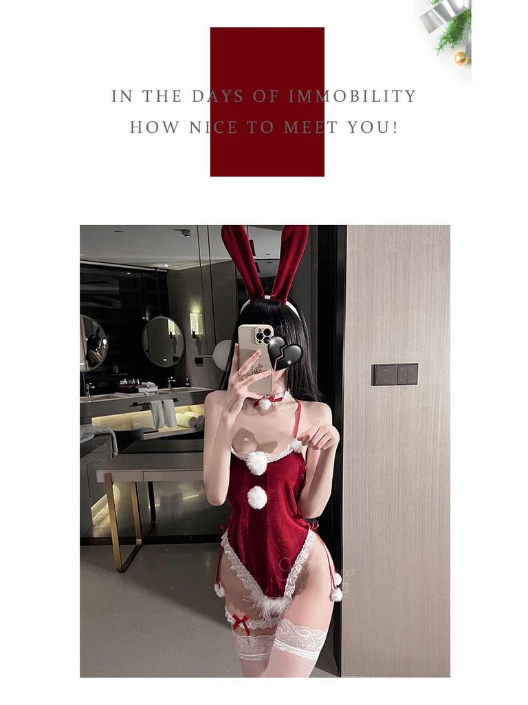 Velvet Bunny Girl Open-Crotch Bodysuit - Sexy Christmas Lingerie Set