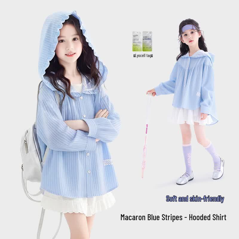 Girls Sweet Lace Trim Striped Hooded Summer Jacket 130