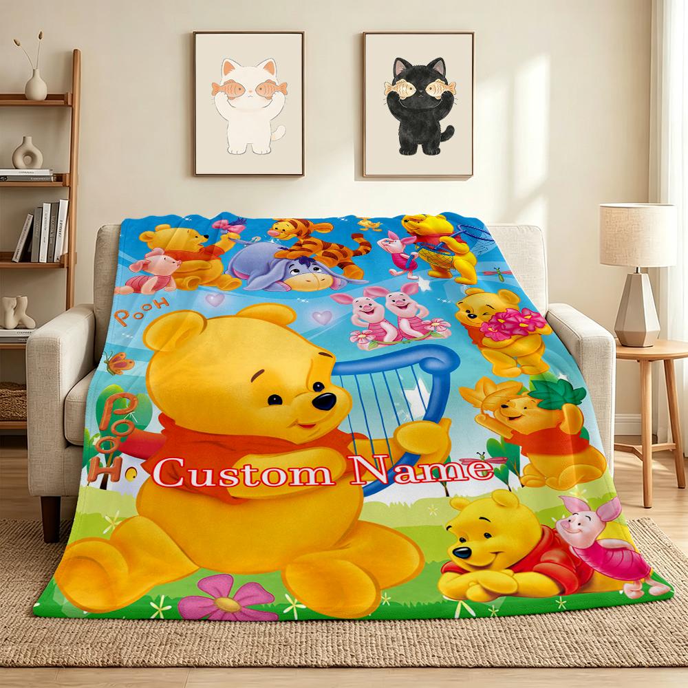 Custom Name Winnie Pooh Flannel Blanket Throw Blanket Soft Warm Sofa Bed Decor Unique Gift