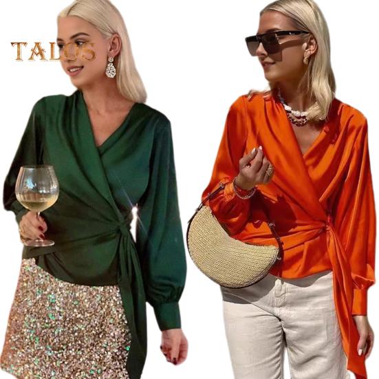 Damen-Shirt mit V-Ausschnitt, seitlicher Schnürung, Laterne, langärmelig, Pullover, Oberteile, einfarbig, lässige Bluse für die Arbeit, für den Alltag