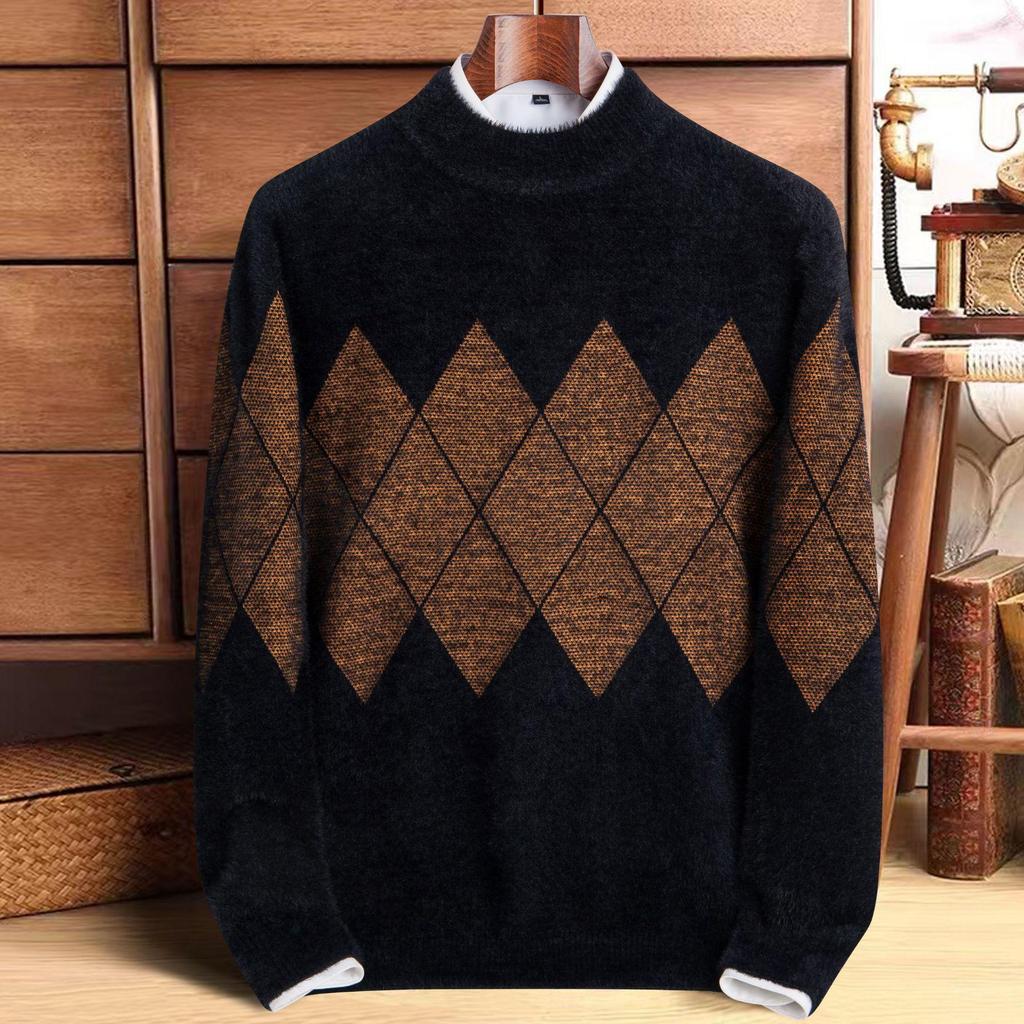 Trendig Vinterstickad Tröja för Herrar 2025 - Tjock Halvhög Krage Jacquardstickad Tröja i Imitationsminkflock