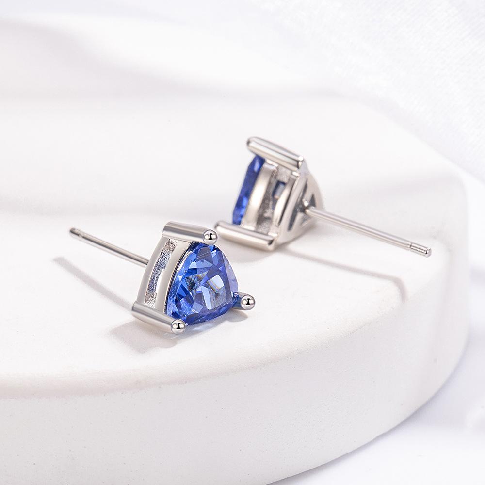 925 Sterling Silver Stylish Simple Blue Triangle Zircon Necklace Earrings Ring Set Birthday Party Anniversary Gift