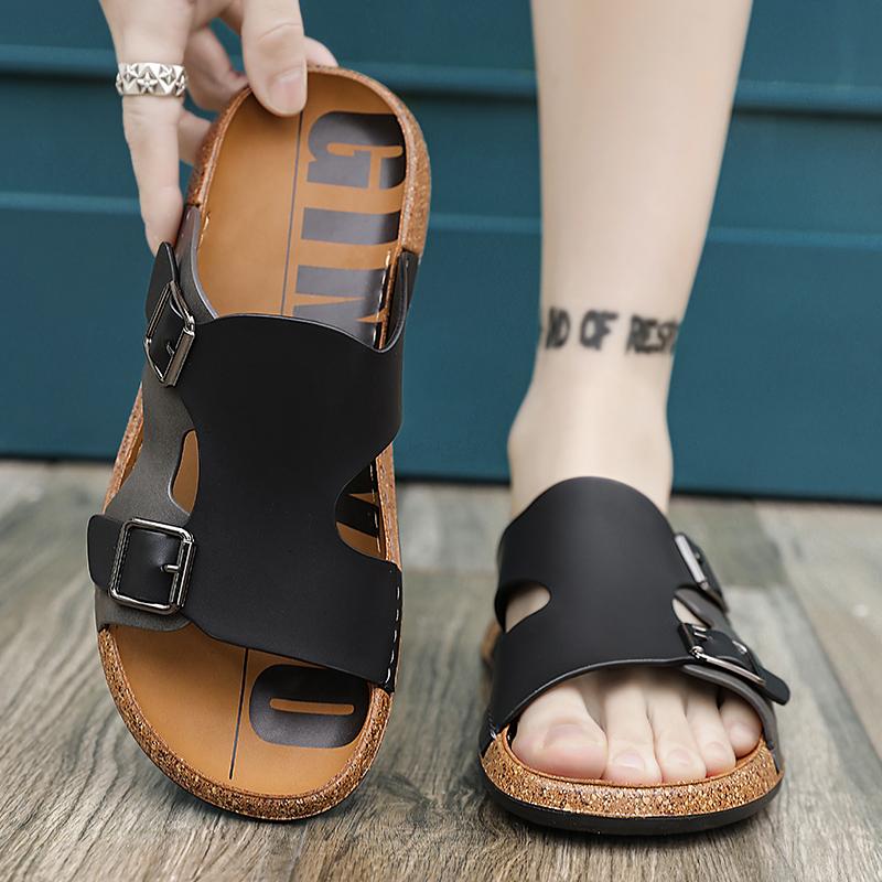 Fashion Fashion Casual Leather Slippers for Men's Retro Summer Half Drag Classic Casual Beach Sandals Quick Dry Wading Aqua Simple Shoes