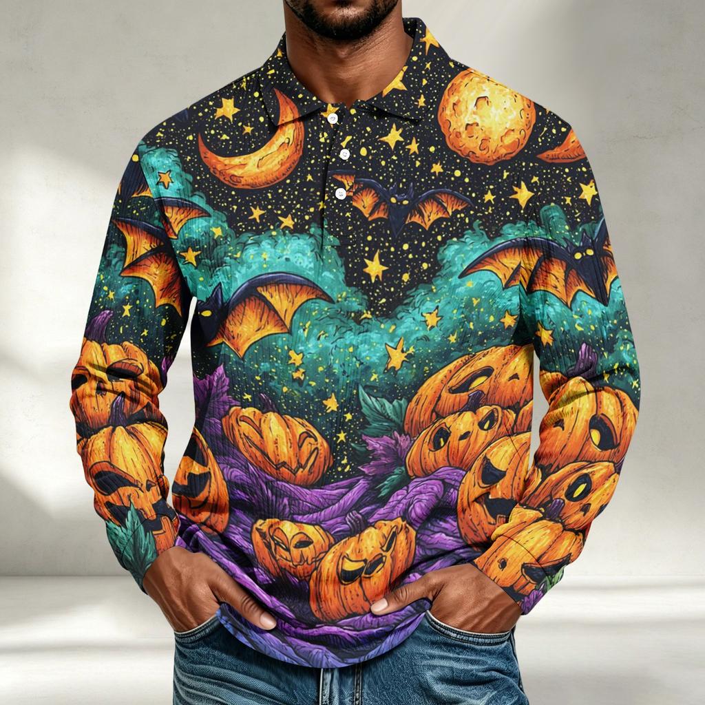 Men's Casual Halloween Printed Long Sleeve Shirt Loose Fit Top
