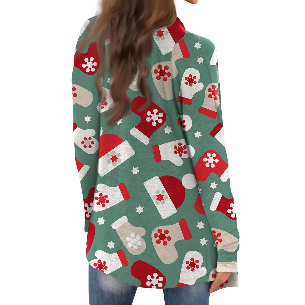 Dámská módní ležérní vánoční bunda se středně dlouhým kardiganem s potiskem