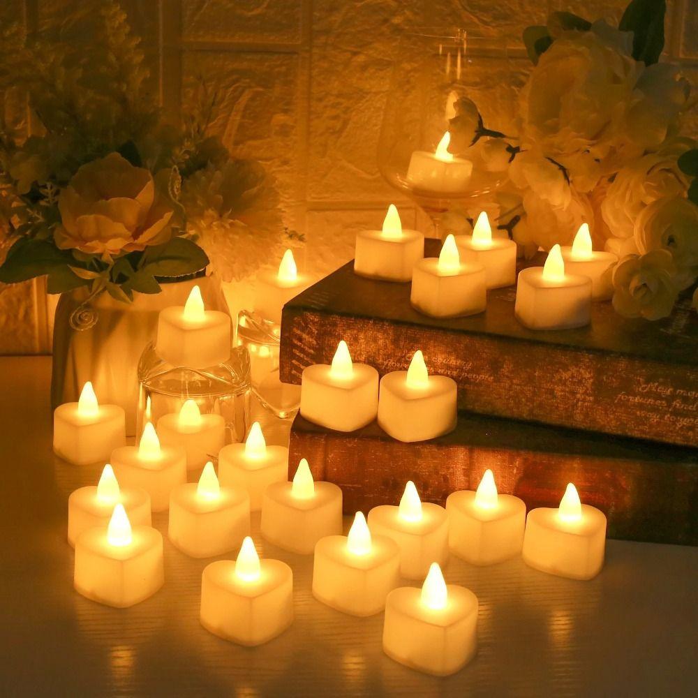 24Pcs Heart Shape Heart LED Candle Light Plastic LED Flameless Tealight Candles  Table Decorations