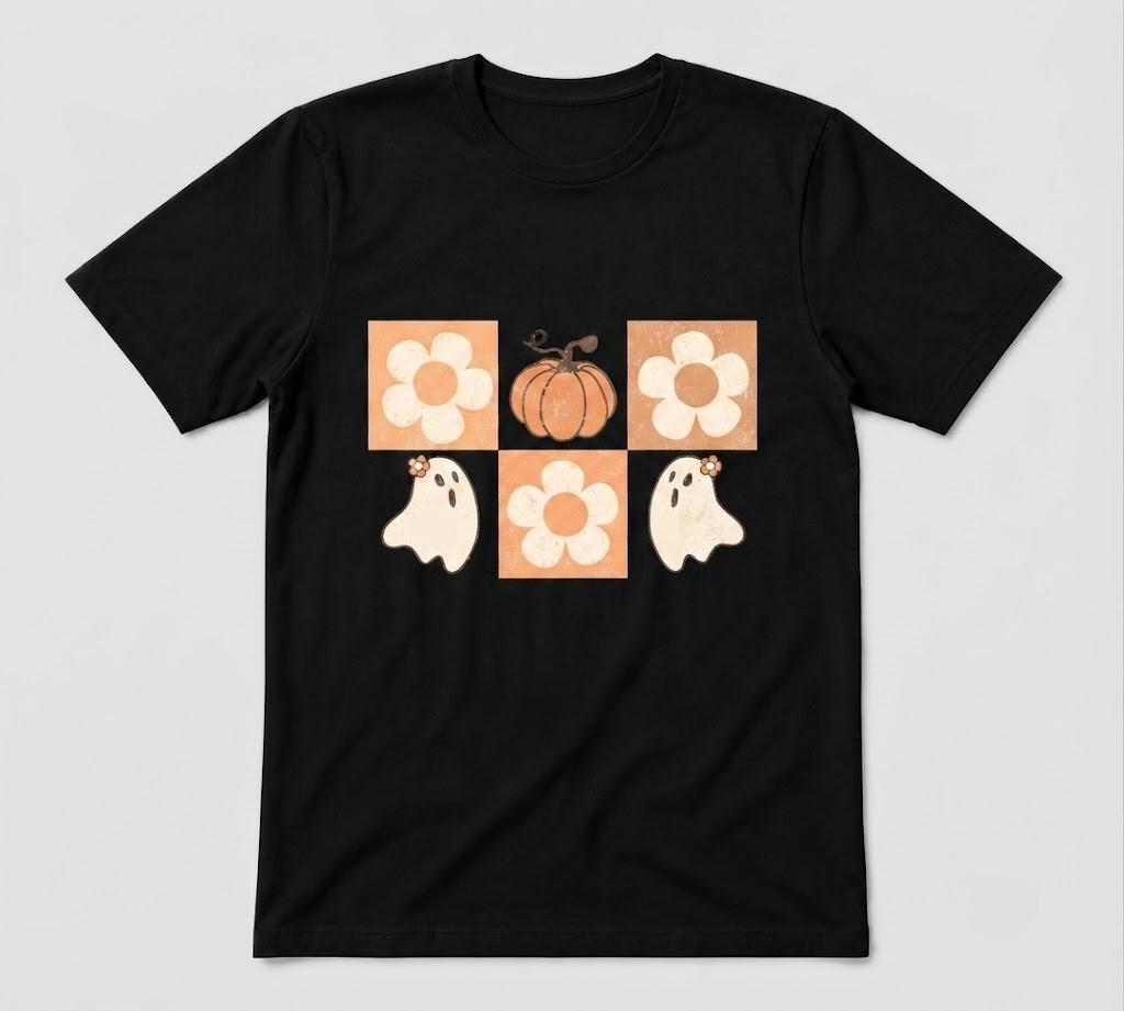 Cute Ghos Halloween Floral Pumpkin Ooky Vibes Gift Tee Black T-ahirt