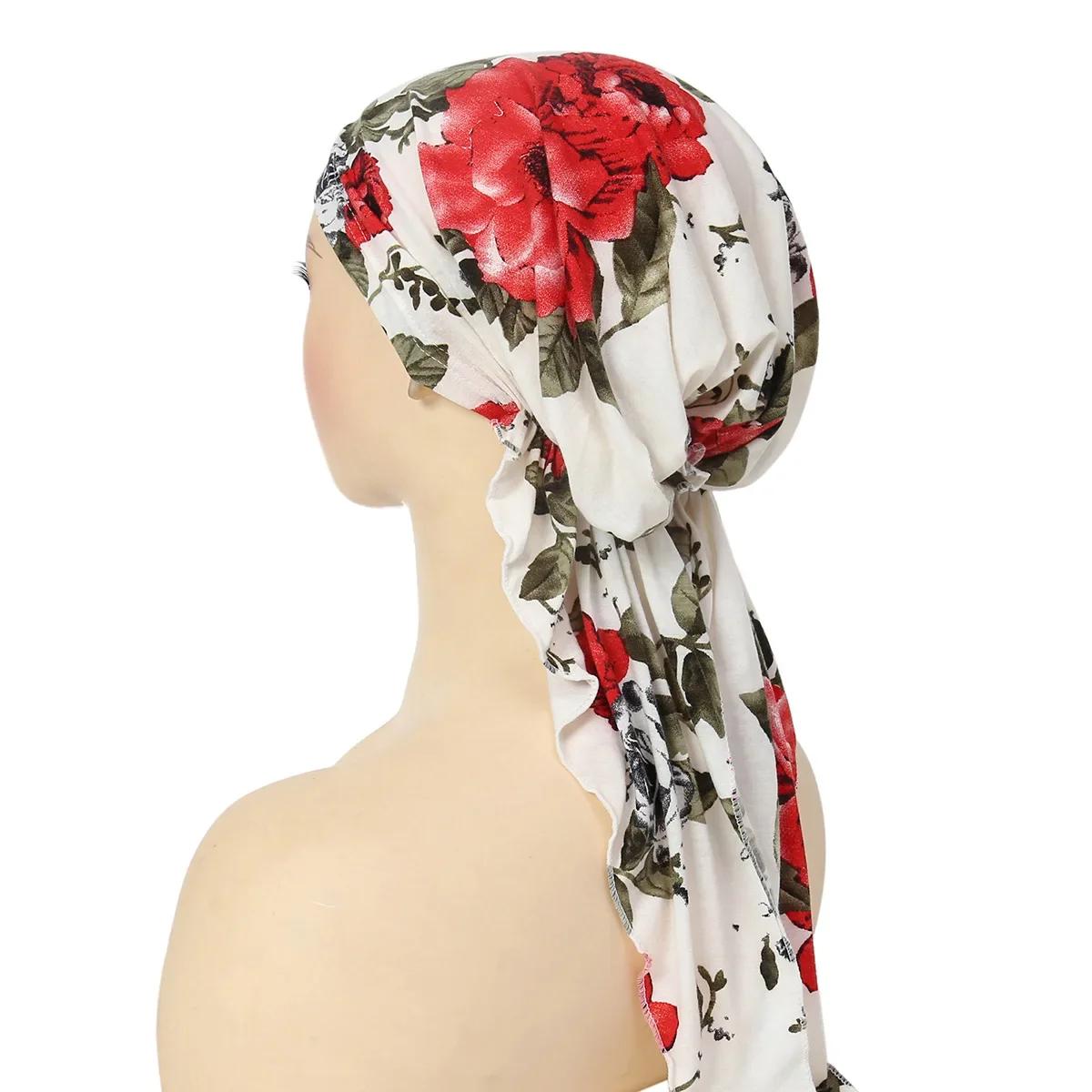 

2025 Новый женский предварительно завязанный тюрбан-шапка мусульманский хиджаб рак химиотерапия цветочный принт шляпа повязка на голову выпадение волос шарф обертывание эластичная бандана