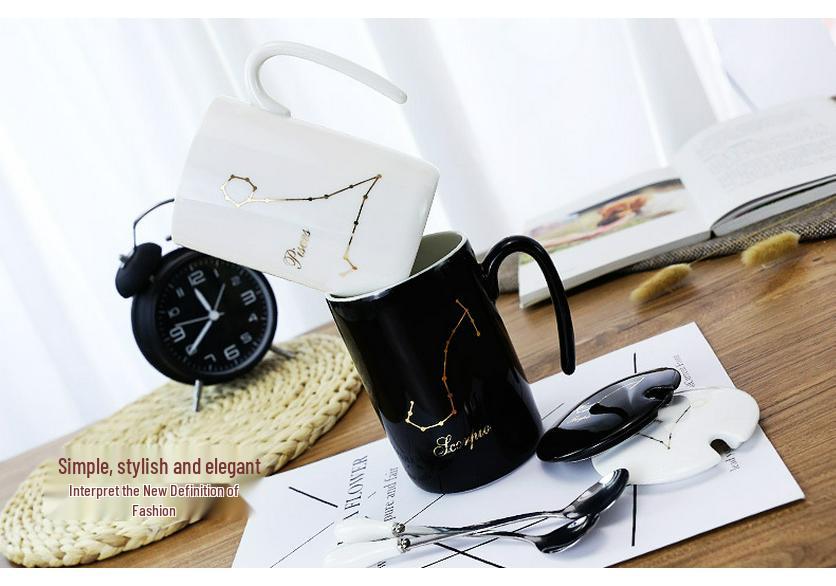 Schwarzes Sternzeichen Keramiktassen-Set - Kreative Kaffeetassen für Paare mit Deckel und Löffel