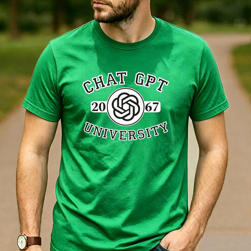 Chat GPT University Twist Knot Est 2067 Graphic T Shirt Unisex Crew Neck Short Sleeve Tech Geek Holiday Gift Tee