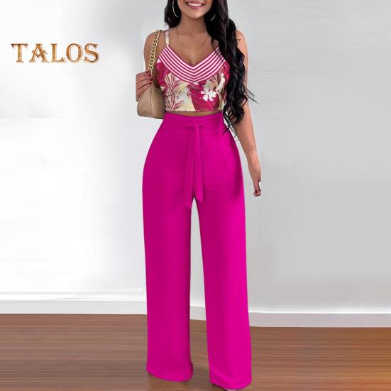 Καλοκαιρινά ρούχα δύο τεμαχίων για γυναίκες, αμάνικο παντελόνι με φαρδιά μπατζάκια και V λαιμόκοψη, καλοκαιρινό, casual, ασορτί κοστούμι με φλοράλ print