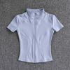 Camisetas de entrenamiento adelgazantes de cintura de verano de alta calidad para mujer, de secado rápido, con cuello alto ajustado y cremallera completa, camisetas de yoga de manga corta.