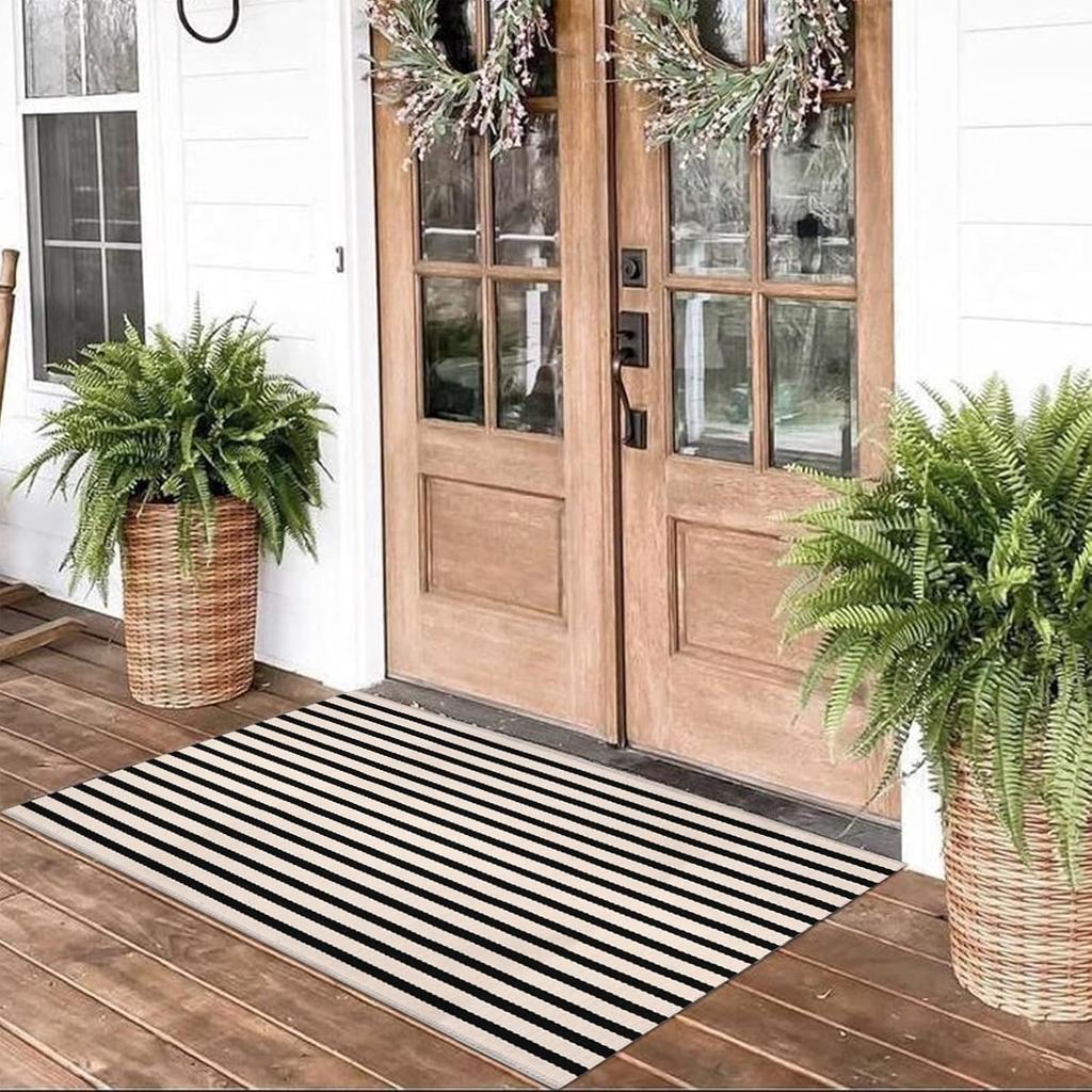 Door Mat Cotton Washable Black White Stripe 70x110cm