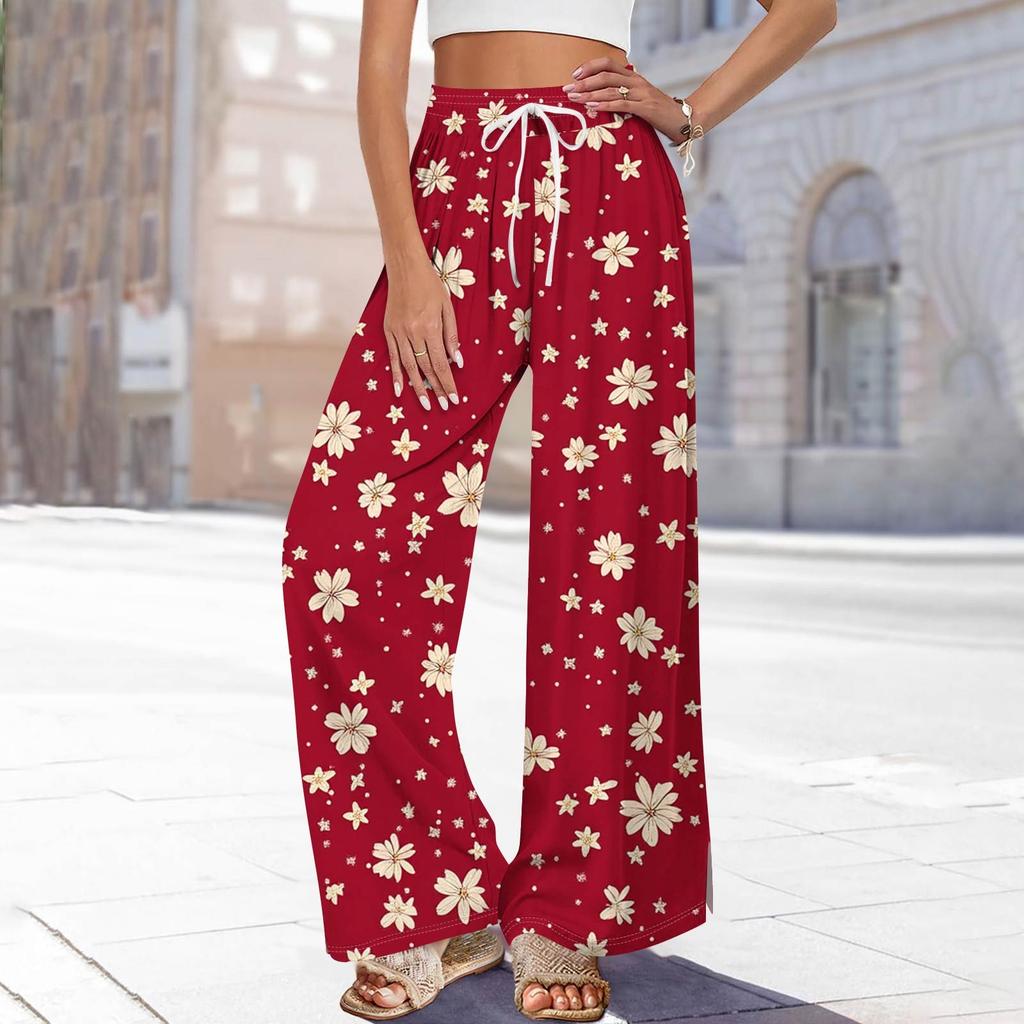 Women's Printed Wide Leg Pants With Pockets High Waist Drawstring Loose Casual Pants