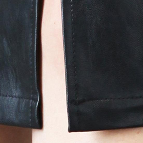 Stylish Women Solid Color High Waist Faux Leather Front Slit Midi Bodycon Skirt