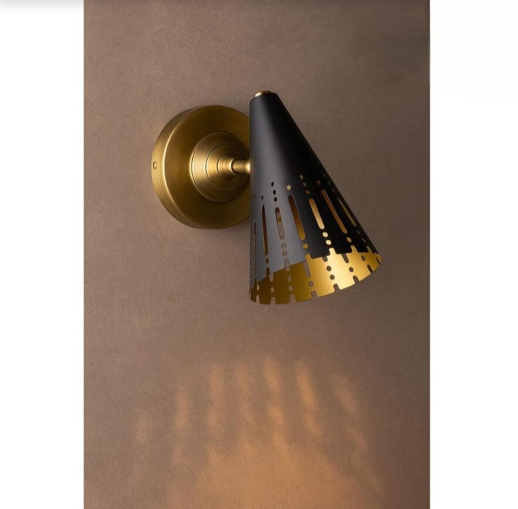 Modern Wall Sconce Light Brass Cone Shade Mid Century Wall Lamp Vintage Style Perforated Light Fixture Bedroom Hallway Bathroom Lighting