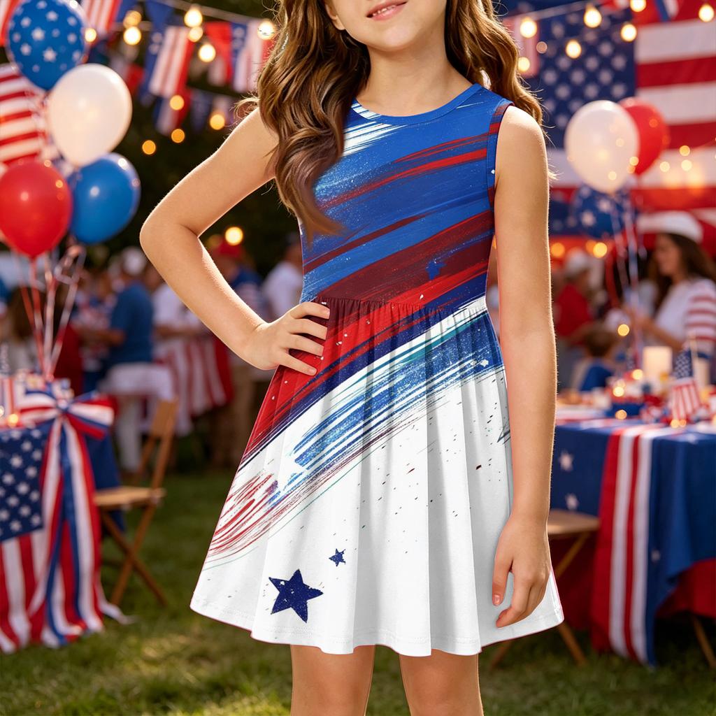 Girls' Summer Princess Dress - A-Line Vest Splice Dress Independence Day