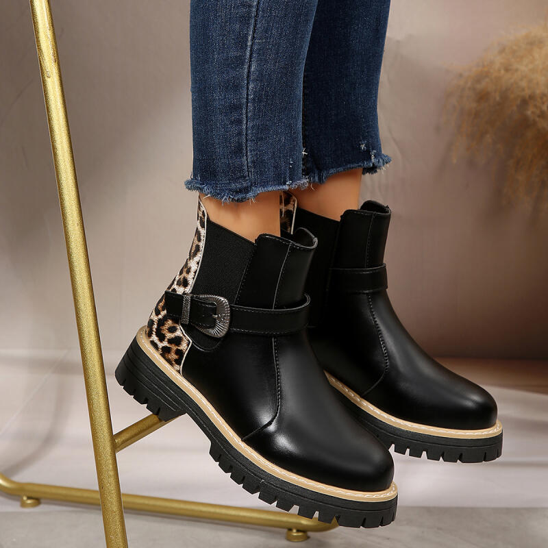 Luxury Leopard Thick Bottom Leather Ankle Boots Women  Winter Metal Buckle Designer Chelsea Boots Punk Woman's Short Booties