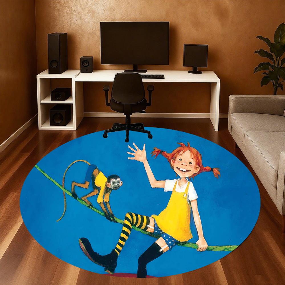 1pc Pippi and Monkey Round Chair mat Area Rug - Non-Slip, Floor Mat for Office, Bedroom, home decor Christmas Gift p0811025