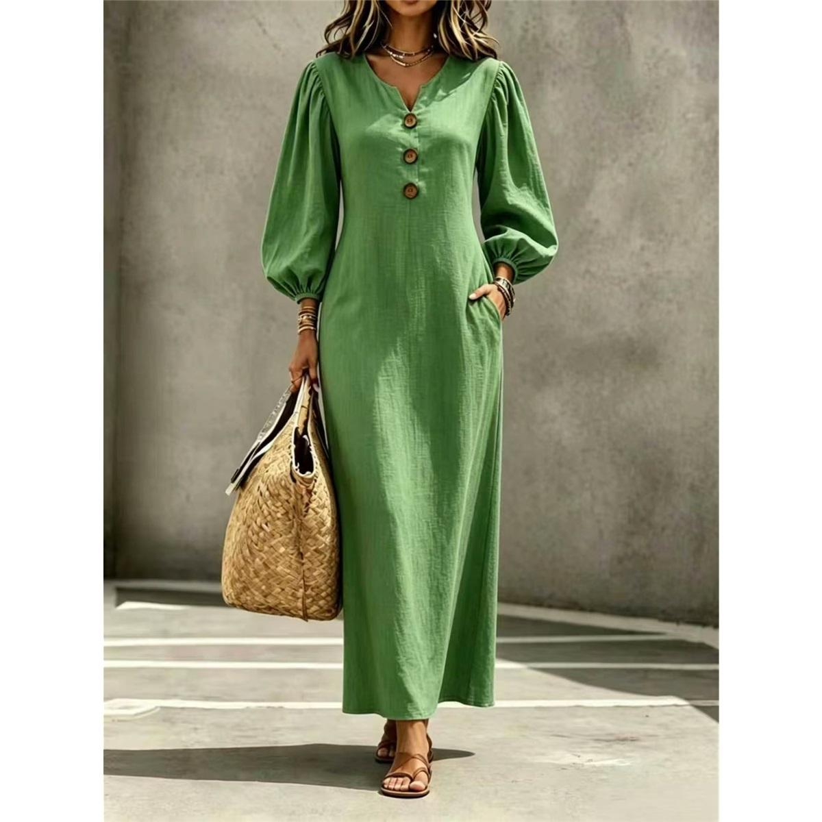 Damen V-Ausschnitt Knopf Maxi-Kleid Puff-Langarm Einfarbig Locker Lässig Langes Kleid Mit Taschen M grün