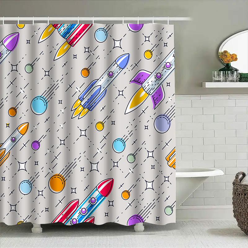 Space-themed Shower Curtain with Rockets Modern Bathroom Decor for Kids' Room or Nursery!