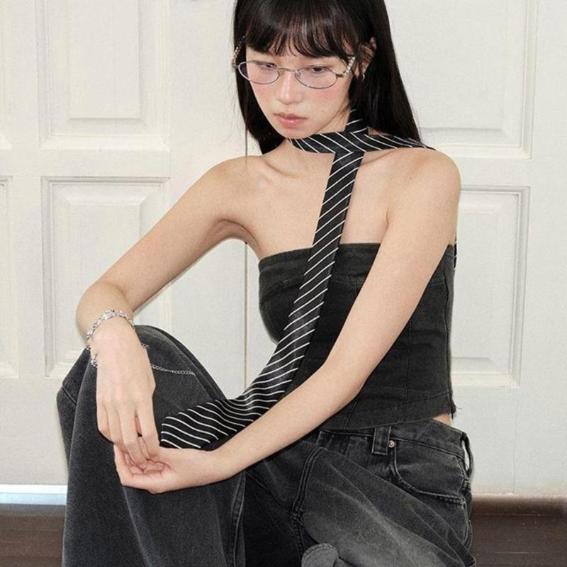 2000s Striped Skinny Necktie Classical Narrow Design Multiuse Tie Waistband Nylon Fashion Accessory For Women Men Unisex