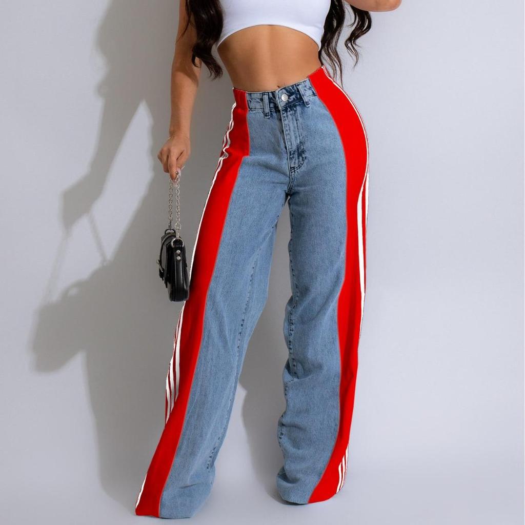 High Waisted Denim Women's Drawstring Elastic Waist, Loose Elastic Denim Straight Leg Pants