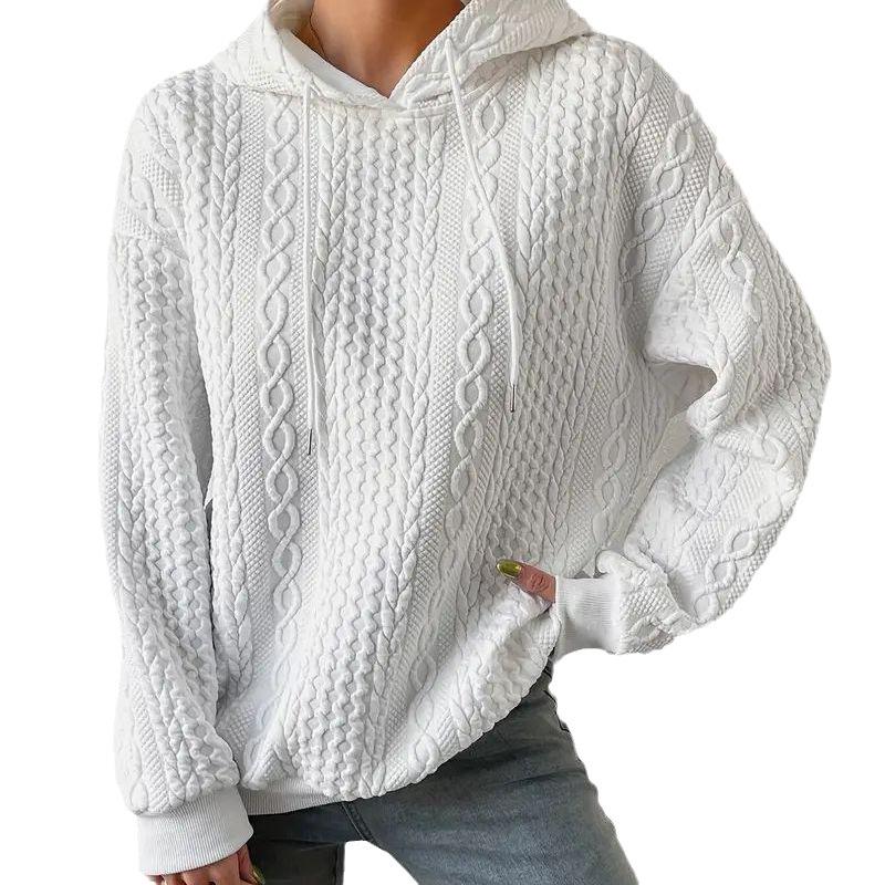 European & American Autumn Plus Size Women's Jacquard Long Sleeve Tie-Up Hooded Knit Sweatshirt, 2023