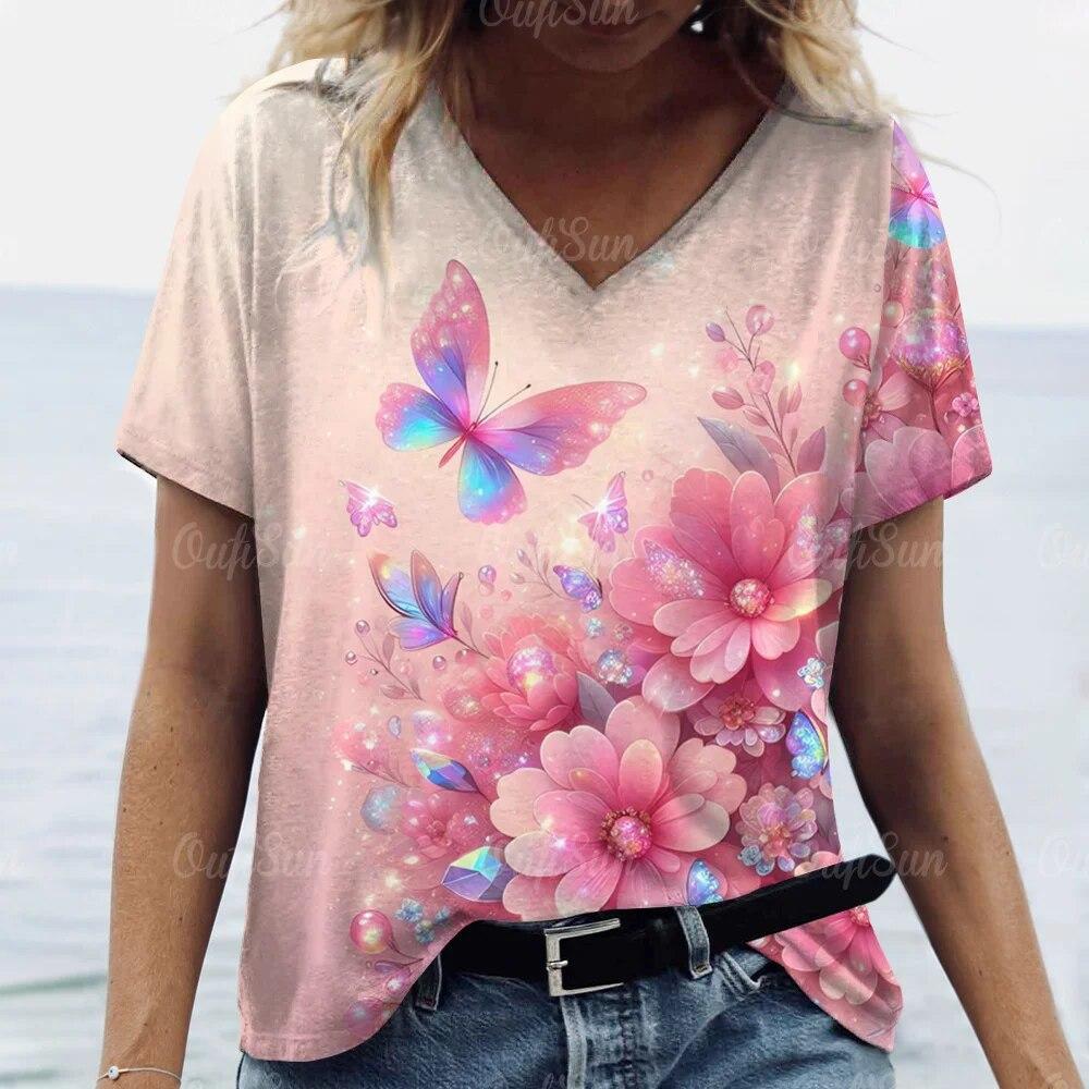 Colorful Love Butterfly Pattern 3D Printed Women's Casual V-neck Short Sleeved T-shirt