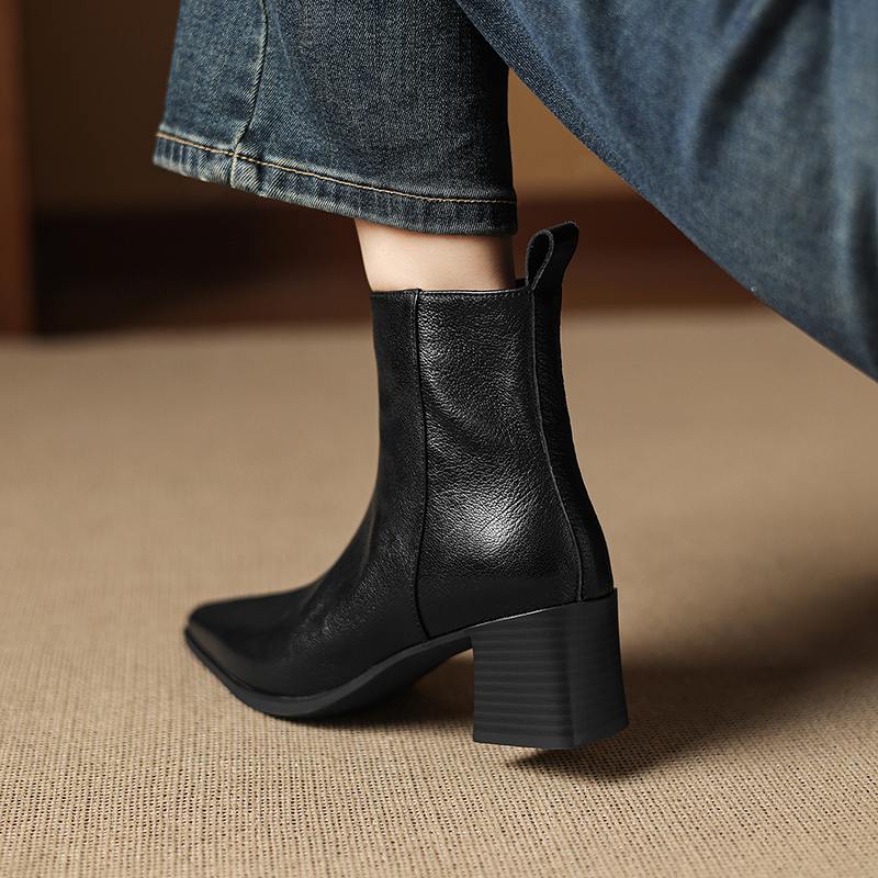 Krazing Pot Zimní kožené kozačky na středním podpatku se špičatou špičkou Chelsea pro ženy, elegantní dámské kotníkové boty na zip