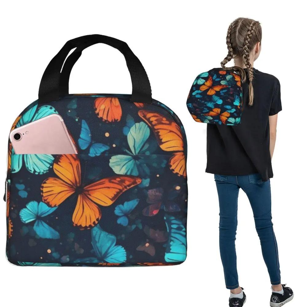 A Butterfly Vintage Pattern Insulated Lunch Bag for Women Kids Portable Food Boxes Thermal Lunch Box Tote