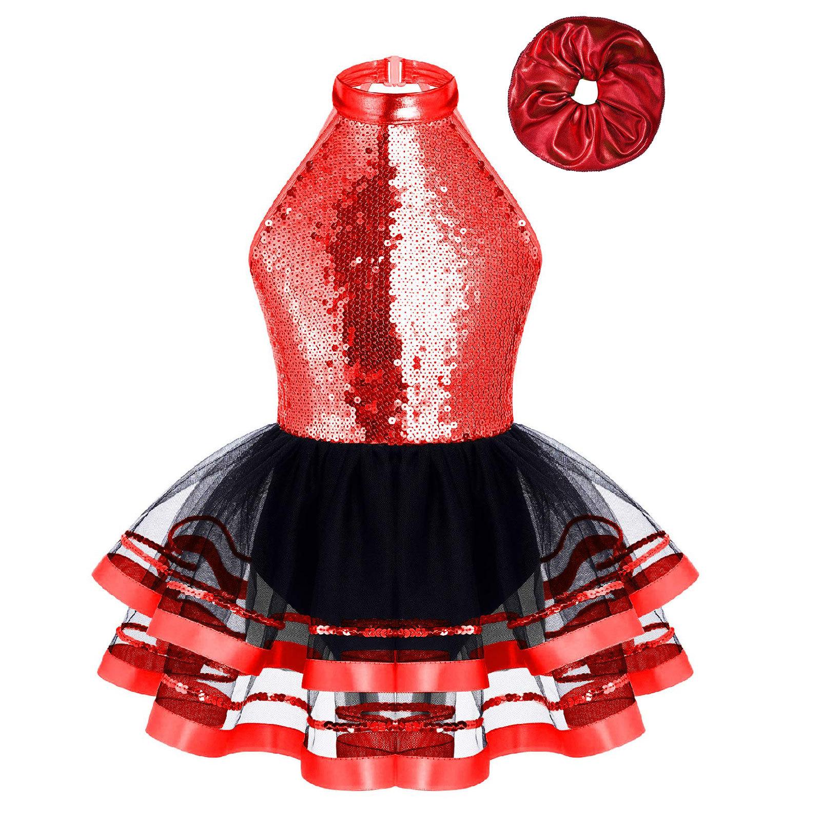 

Girls Halter Sleeveless Backless Shiny Sequins Tutu Dress Dance Performance Costume Hair Accessories 5-6 Years червоний