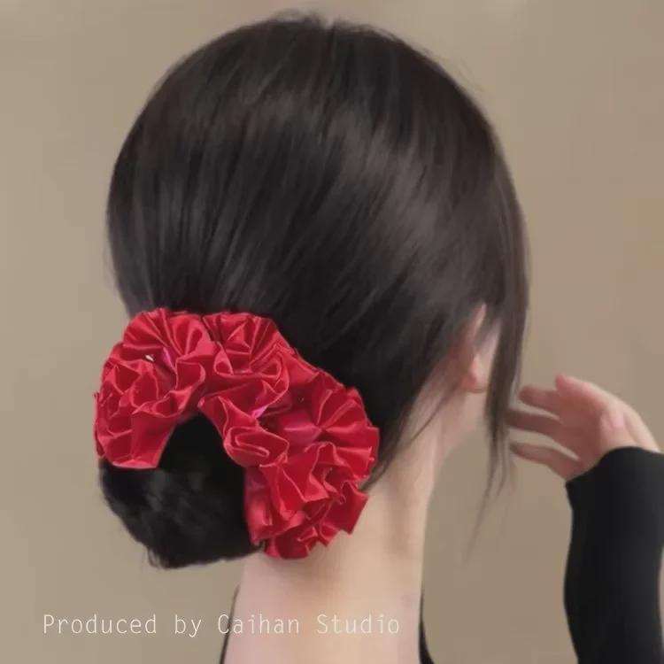 MONA Floral Satin Lace Hair Ring: Elegant French-Style Pleated Bun Accessory