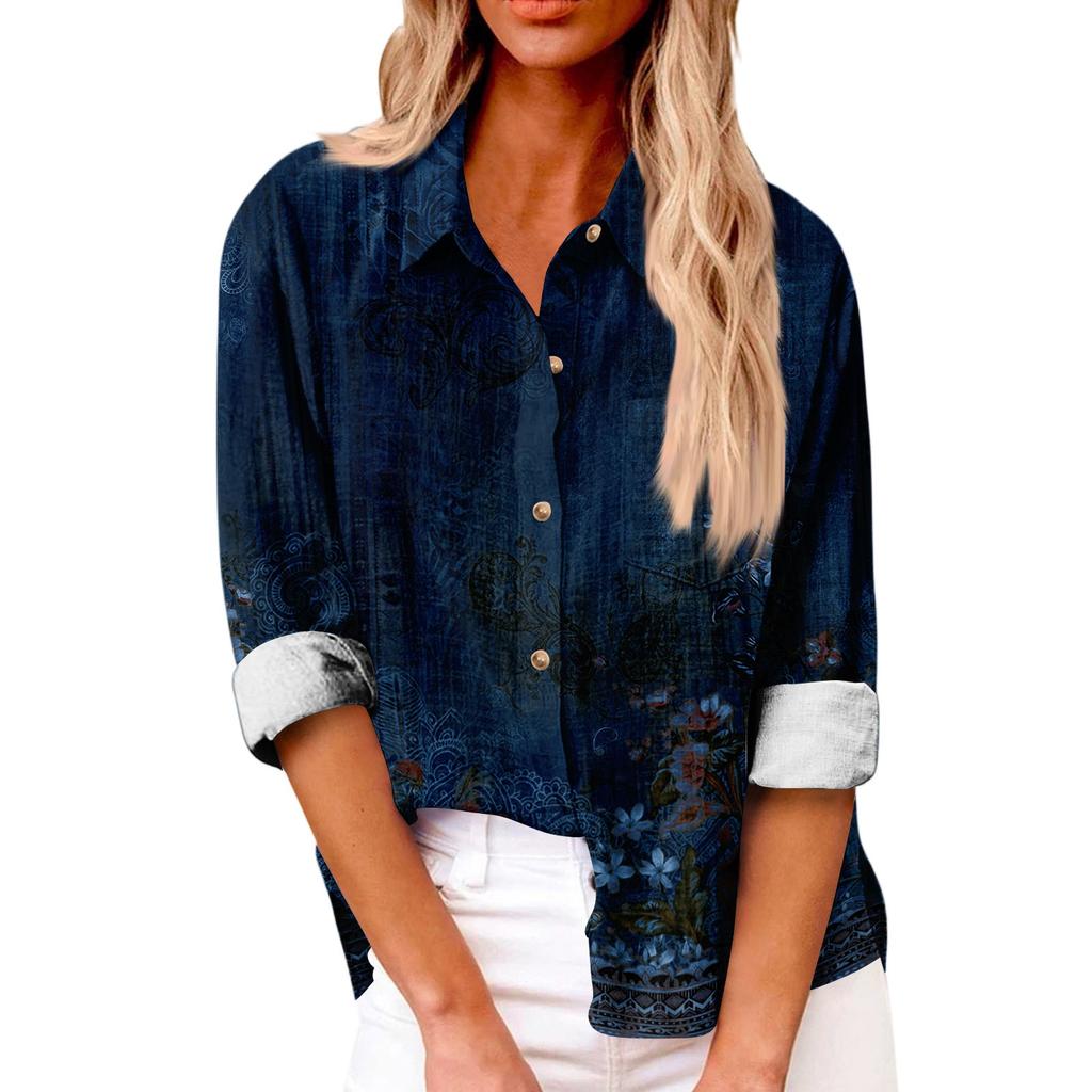 Women's Loose Floral Print Stand Collar Long Sleeve Cotton And Linen Top