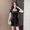 Square neck dress women's French slim fit summer new regular pleated temperament versatile waist skirt black