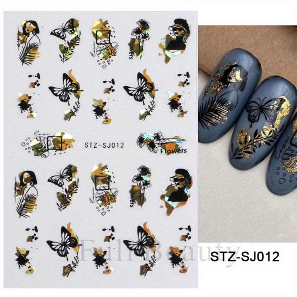 

3D Flower Nail Stickers, Golden Leaf Floral Transfer Decals, Self-Adhesive Plastic Manicure Slider, Glossy Finish, Glitter Embellishment