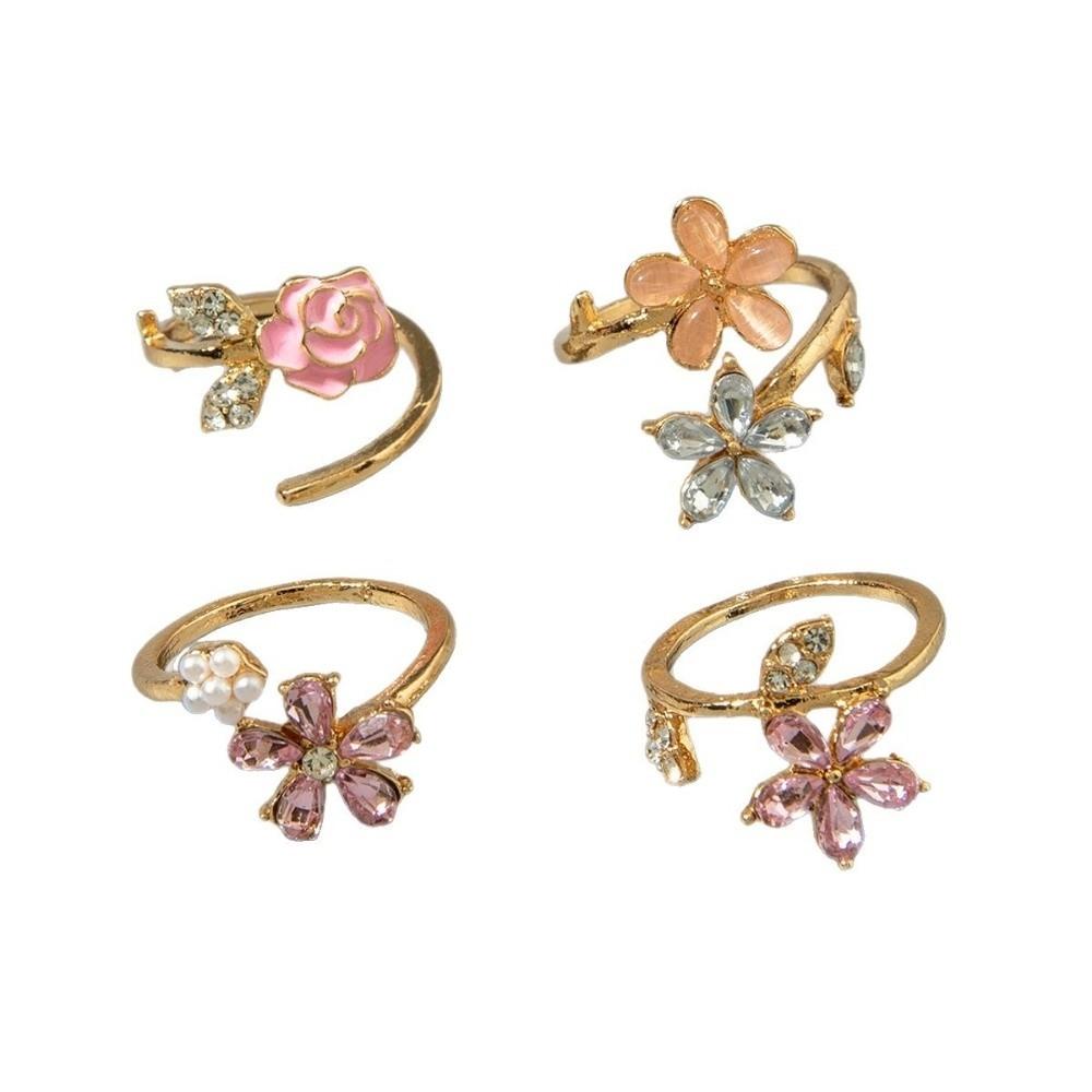 4 pcs Simple Rhinestone Flower Rings Light Luxury Finger Jewelry Fashion Opening Finger Ring  Girls