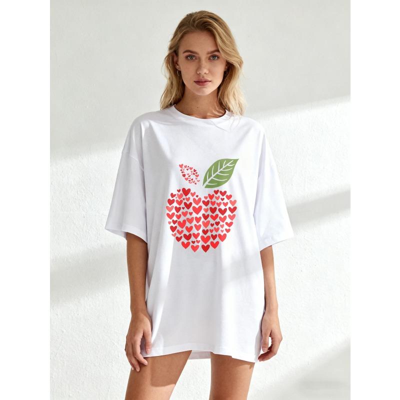 Black Oversized T Shirt With Heart Apple Print For Casual Wear