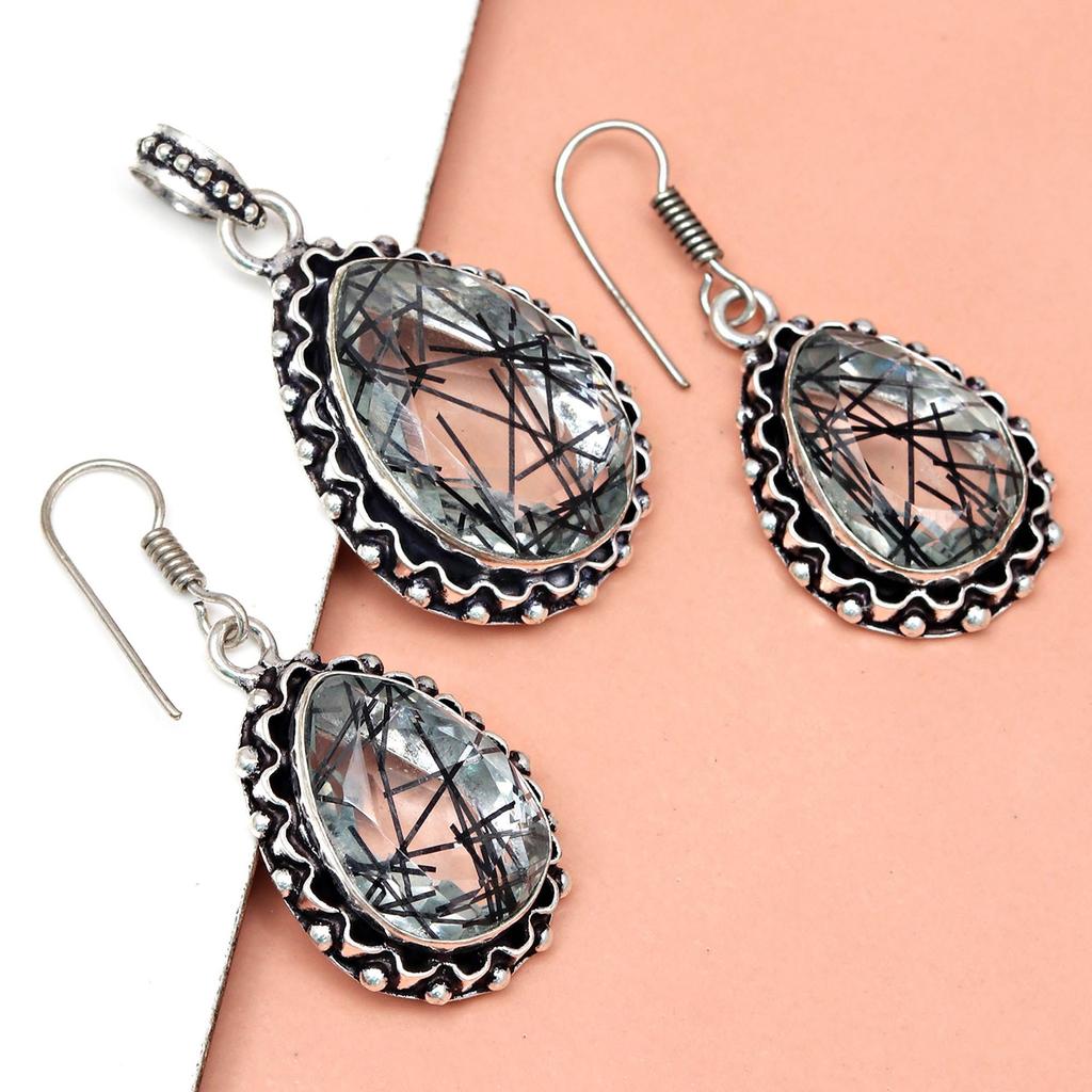 Black Rutile Set  Pendant  Jewelry Earring 18-20'' Gemstone Handmade