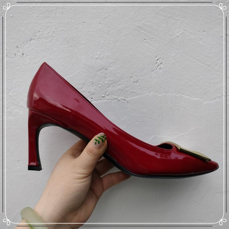 Lady Ww Classic Rv Square Buckle Small Square Head Shallow Mouth High Heels Women's Autumn and Winter New Thick Heel Flat Bottom Commuter Shoes